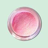 Pastel Pink Multichrome Loose eyeshadow Pigment from Pro Glitz. Baby Pink with multi colour shifts of Peach, Gold, Green. Super sparkly. Best seller best multichrome eyeshadow. Eye makeup for day and evening night. Pretty Luxury high quality cruelty free